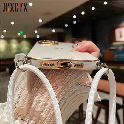 Crossbody Lanyard Cord Plating Love Soft Case For iPhone