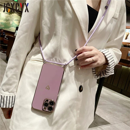 Crossbody Lanyard Cord Plating Love Soft Case For iPhone