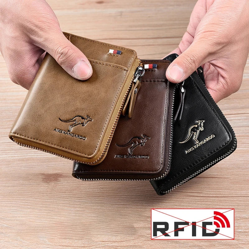 RFID Men's Leather Wallet: Zipper, Business Card Holder