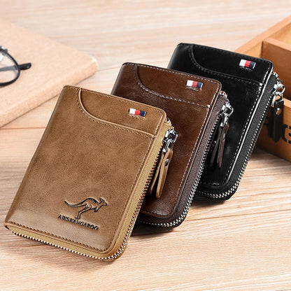 RFID Men's Leather Wallet: Zipper, Business Card Holder