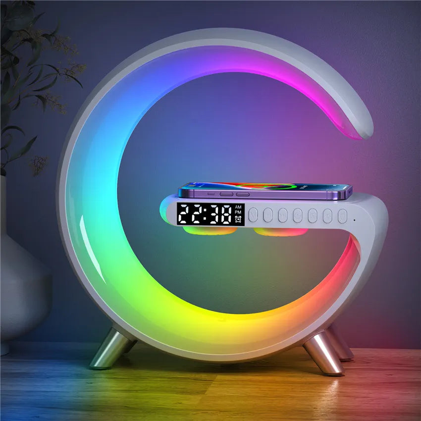 Wireless Charger Stand with Clock, Speaker, RGB Light, Fast Charging - iPhone & Samsung Compatible