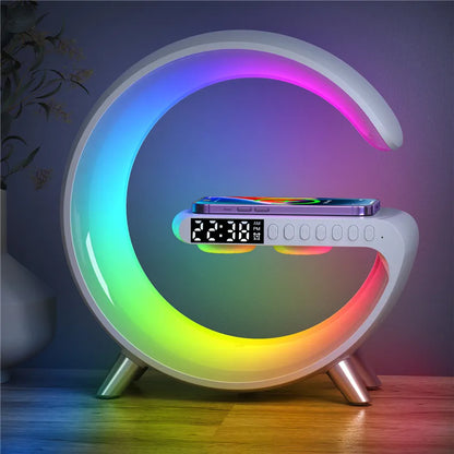 Wireless Charger Stand with Clock, Speaker, RGB Light, Fast Charging - iPhone & Samsung Compatible