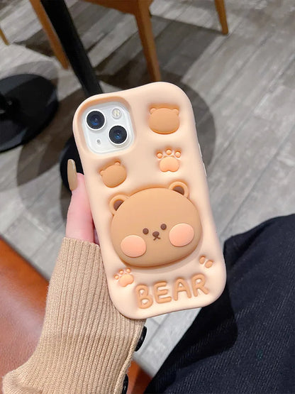 Cute 3D Bear Stand Silicone Phone Case for iPhone 11-16 Pro Max