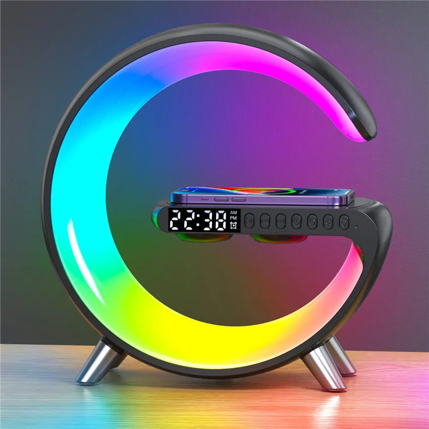 Wireless Charger Stand with Clock, Speaker, RGB Light, Fast Charging - iPhone & Samsung Compatible