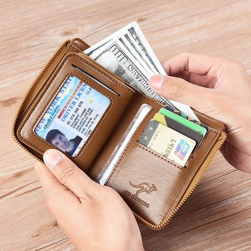 RFID Men's Leather Wallet: Zipper, Business Card Holder