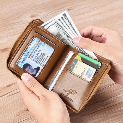 RFID Men's Leather Wallet: Zipper, Business Card Holder