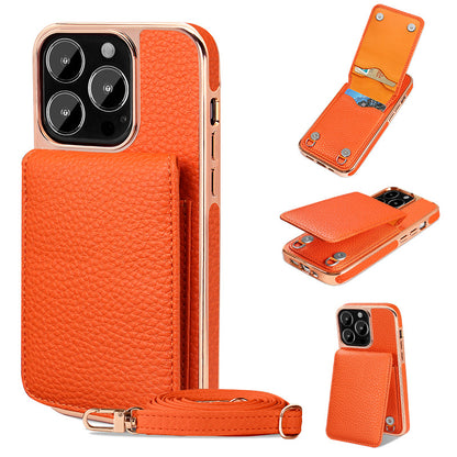 Litchi Pattern Wallet Lanyard iPhone Cases orange