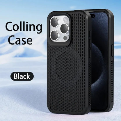 Cooling MagSafe phone case for iPhone 15, iPhone 14, and iPhone 13, showing front and back views in black color