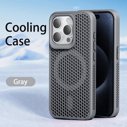 Cooling MagSafe phone case for iPhone 15, iPhone 14, and iPhone 13, showing front and back views in gray color