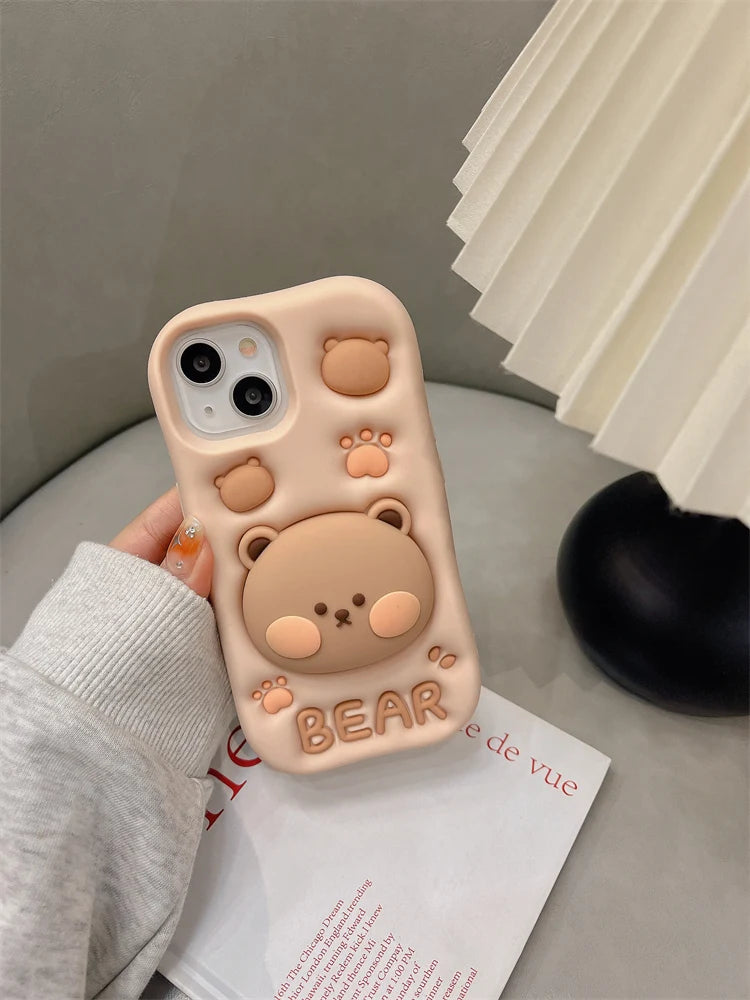 Cute 3D bear silicone stand case for iPhone 16, featuring anti-fingerprint, anti-scratch, and dustproof protection