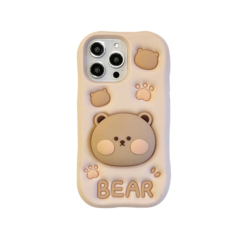 Cute 3D bear silicone stand case for iPhone 14 pro max, featuring anti-fingerprint, anti-scratch, and dustproof protection