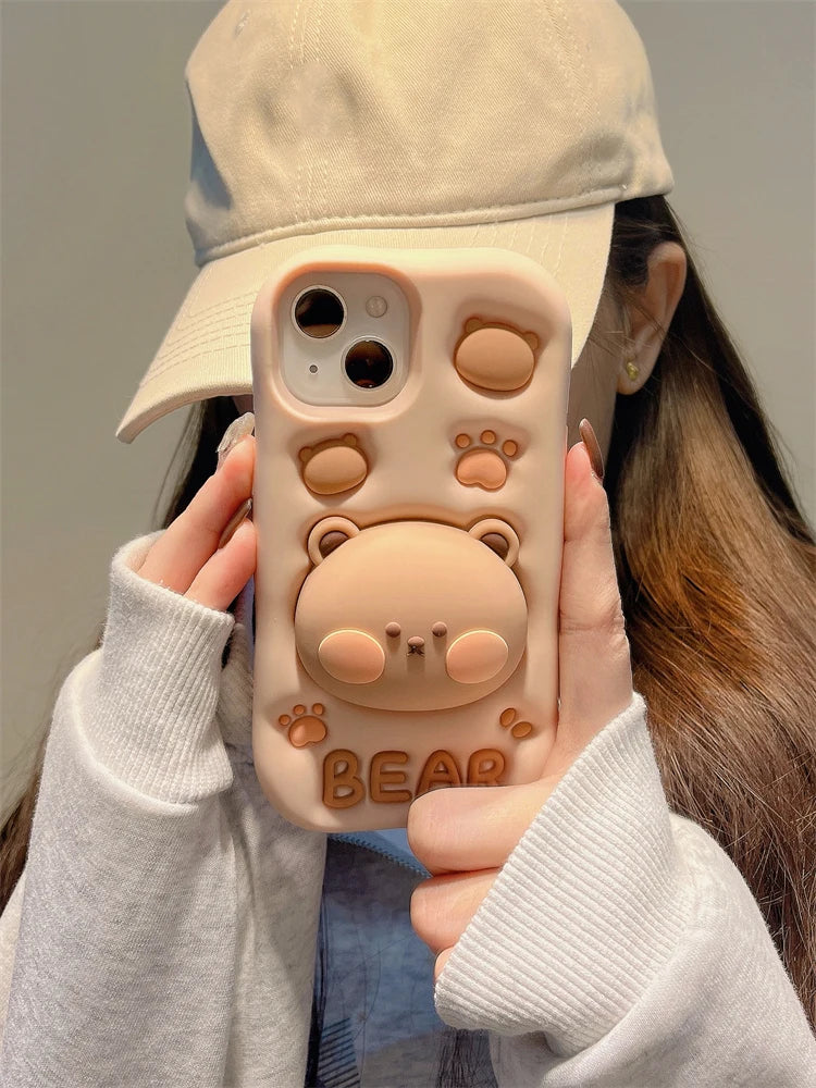 Cute 3D bear silicone stand case for iPhone 16 plus, featuring anti-fingerprint, anti-scratch, and dustproof protection