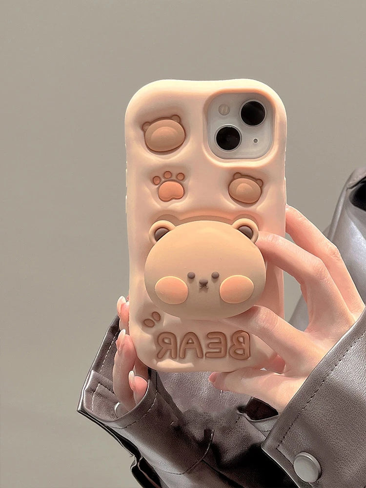 Cute 3D bear silicone stand case for iPhone 11-16 pro, featuring anti-fingerprint, anti-scratch, and dustproof protection