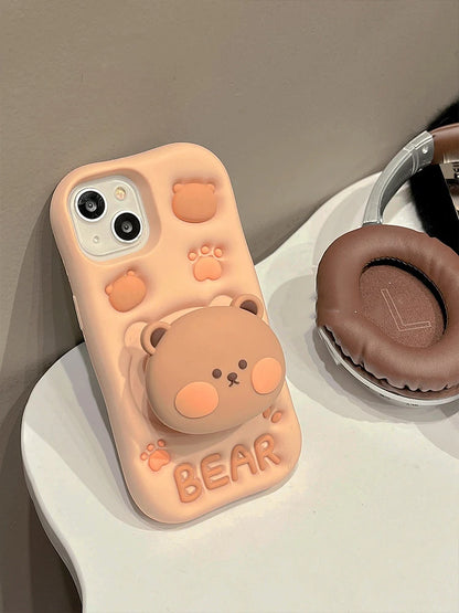 Cute 3D bear silicone stand case for iPhone 11-16 pro max, featuring anti-fingerprint, anti-scratch, and dustproof protection