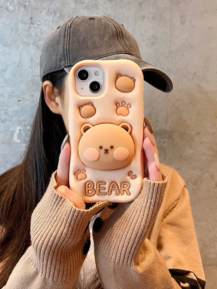 Cute 3D bear silicone stand case for iPhone 11-16, featuring anti-fingerprint, anti-scratch, and dustproof protection