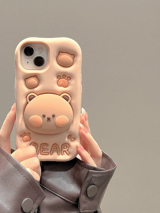 Cute 3D bear silicone stand case for iPhone 11-16 plus, featuring anti-fingerprint, anti-scratch, and dustproof protection