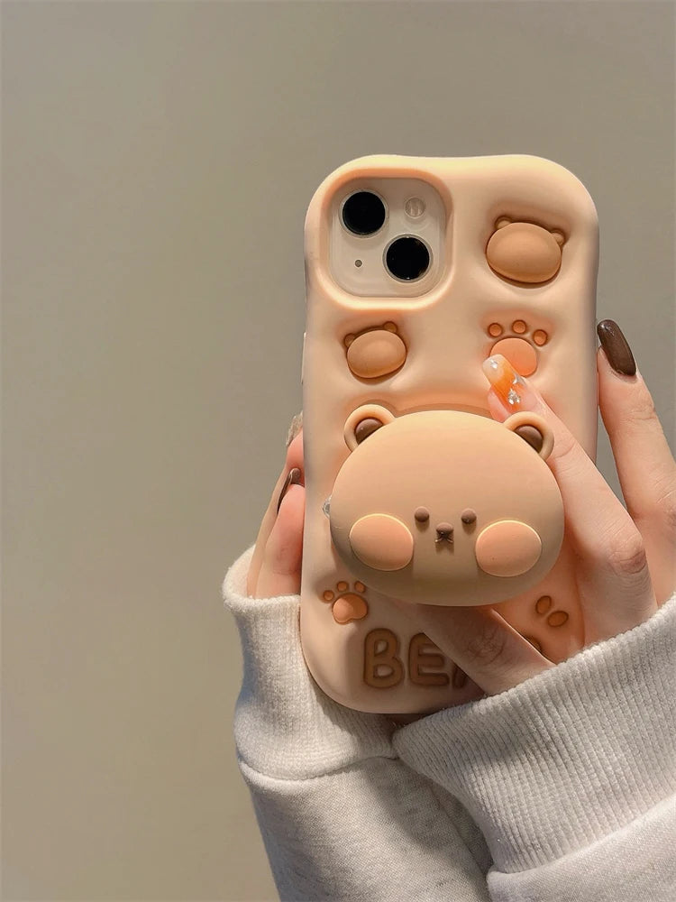 Cute 3D bear silicone stand case for iPhone 15 pro, featuring anti-fingerprint, anti-scratch, and dustproof protection