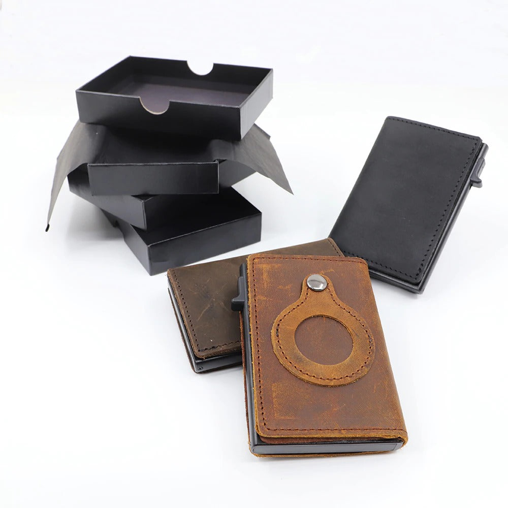 Men's Minimalist Genuine Leather Wallet with RFID for AirTag