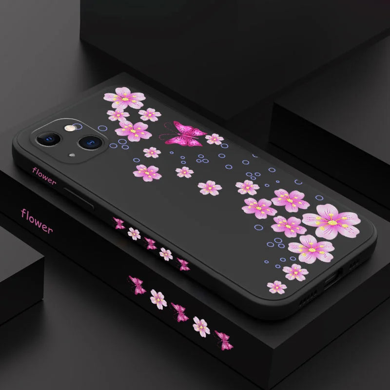 Artistic Floral Silicone Case compatible with iPhone 11, 12, 13, 14, and 15 series, featuring full coverage and a vibrant plant design.