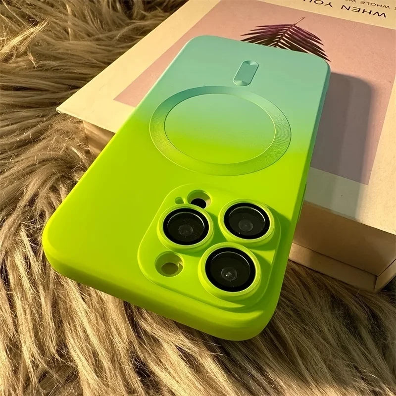 Back view of Gradient Dual-Color Magnetic Liquid Silicone iPhone Case with precision hole for the camera lens