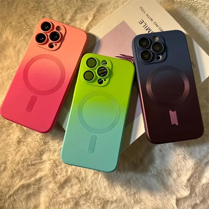 collection of Gradient Dual-Color Magnetic Liquid Silicone iPhone Case with precision hole for the camera lens