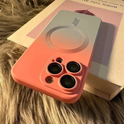 Back view of Gradient Dual-Color Magnetic Liquid Silicone iPhone 15 Case with precision hole for the camera lens