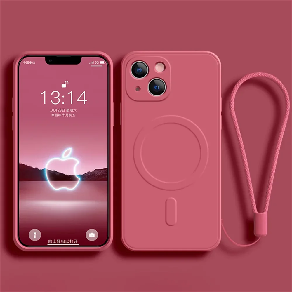 front and back view of Magnetic Liquid Silicone Case for iPhone 11-15, showing sleek design and soft touch camellia