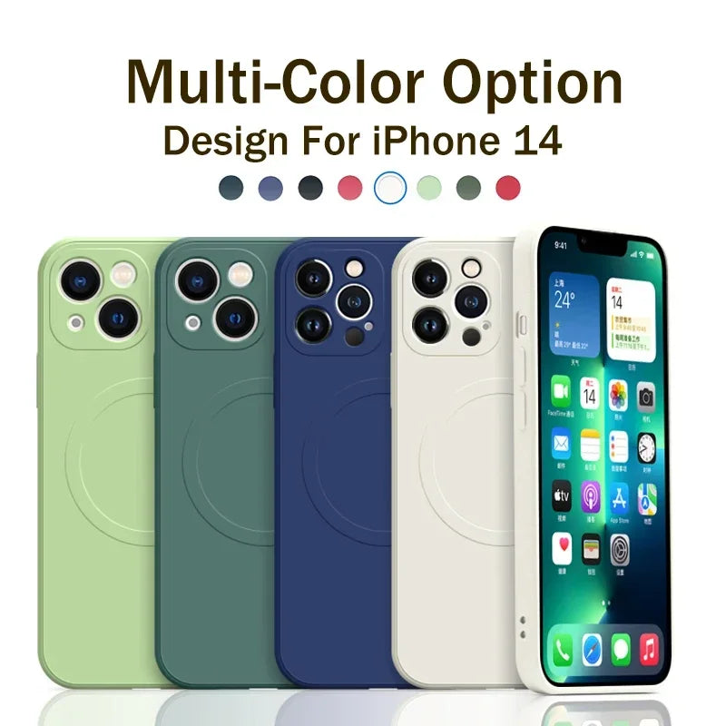 front and back view of Magnetic Liquid Silicone Case for iPhone 11-15, showing sleek design and soft touch collection