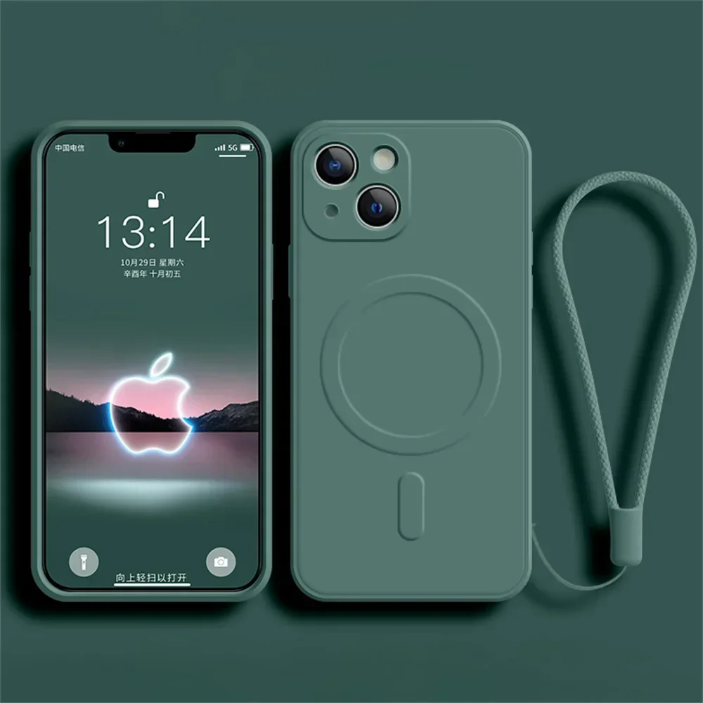 front and back view of Magnetic Liquid Silicone Case for iPhone 11-15, showing sleek design and soft touch green