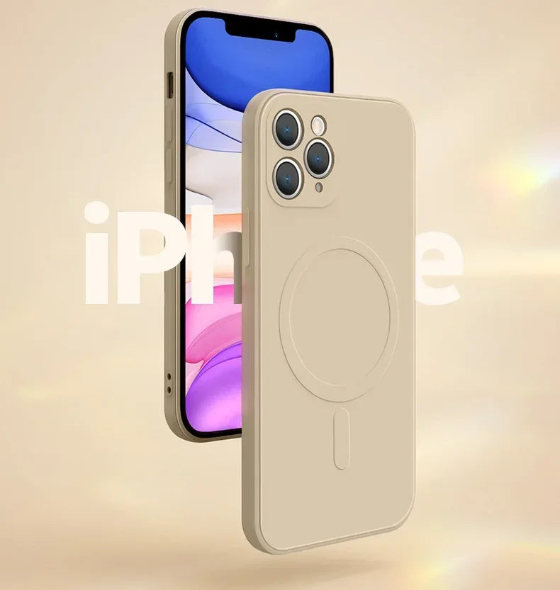 front and back view of Magnetic Liquid Silicone Case for iPhone 11-15, showing sleek design and soft touch offwhite