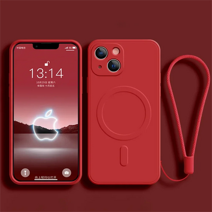 front and back view of Magnetic Liquid Silicone Case for iPhone 11-15, showing sleek design and soft touch red