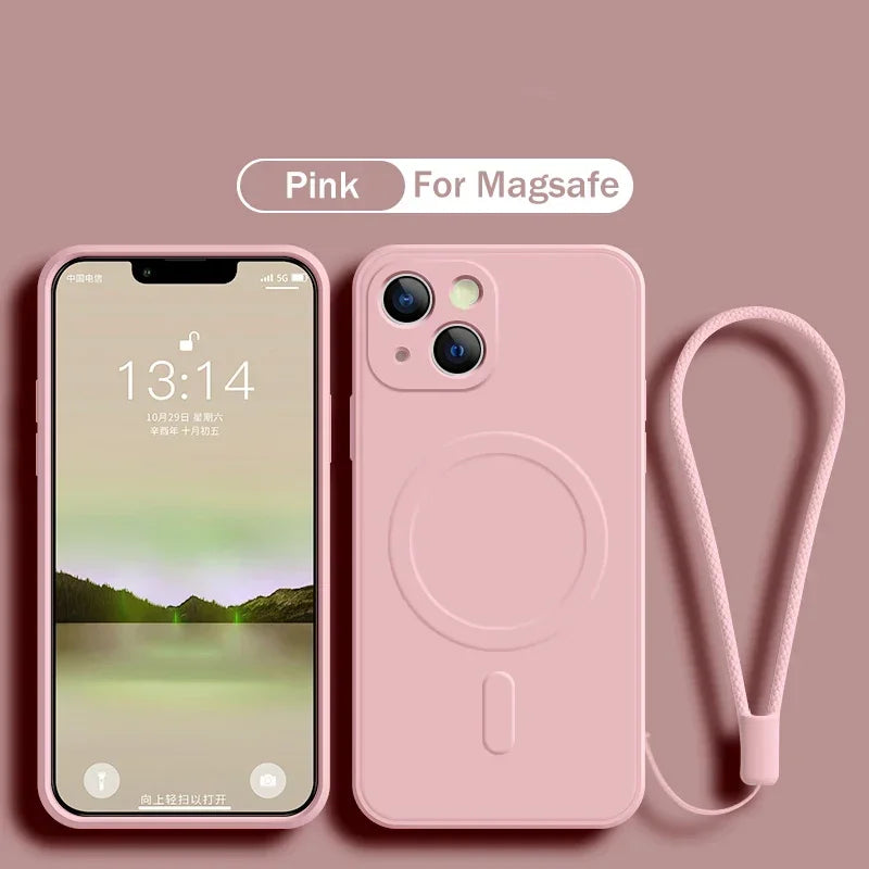 Multiple color options available for Magnetic Liquid Silicone Case, compatible with iPhone 11-15 pink