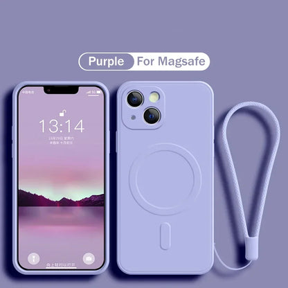 purple color options available for Magnetic Liquid Silicone Case, compatible with iPhone 11-15.