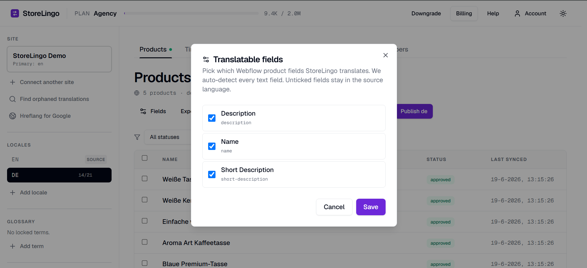 Fields dialog with translatable fields