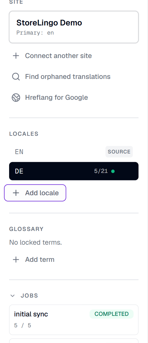 Locales sidebar with completion chip