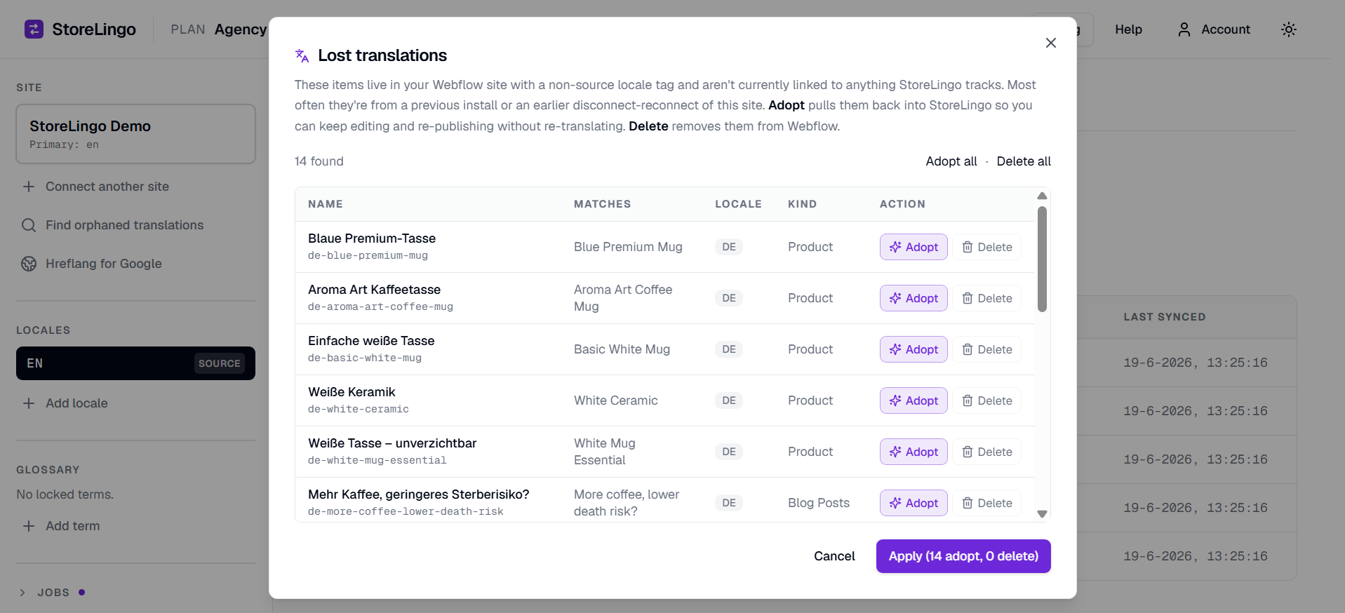 Lost translations dialog with Adopt and Delete actions