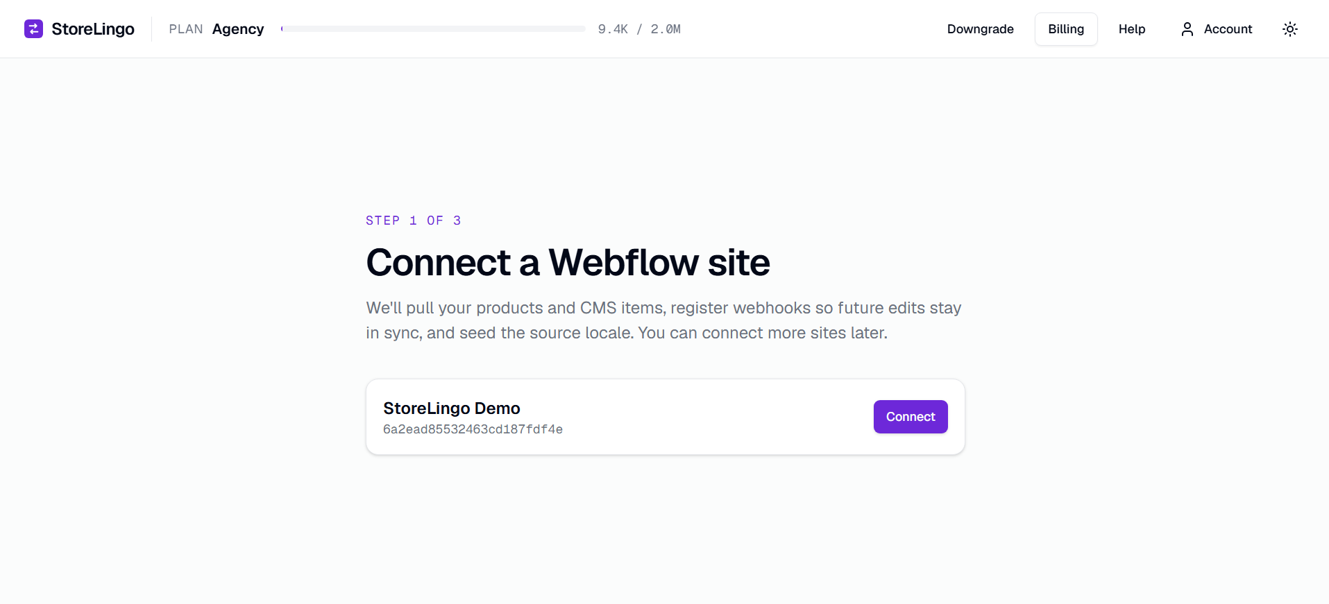 SitePicker showing available Webflow sites