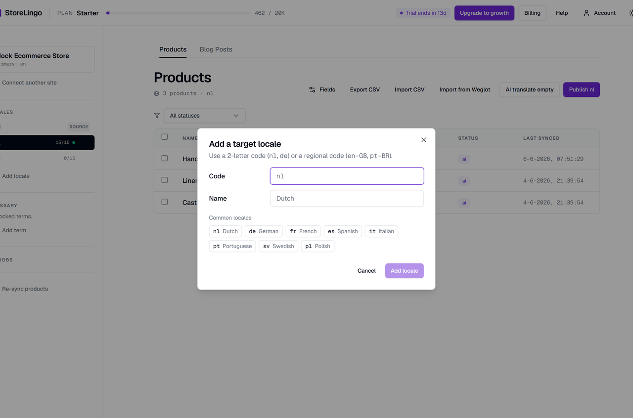 StoreLingo add-locale dialog picking a target language