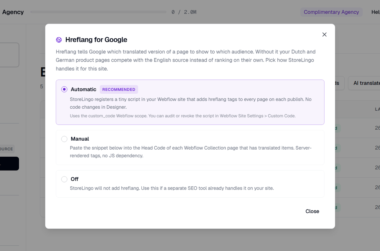 StoreLingo hreflang-for-Google dialog with automatic script mode selected
