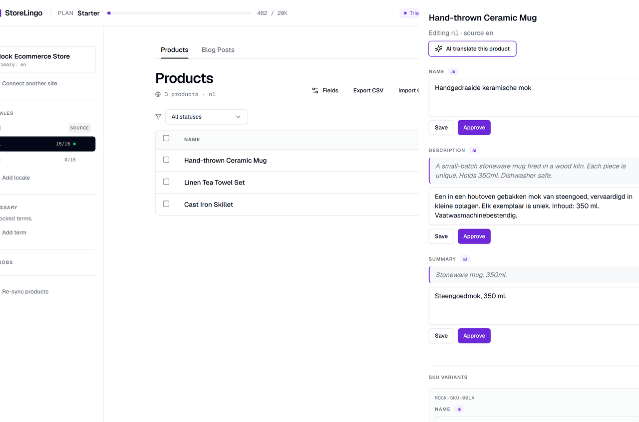 StoreLingo translation editor with source and translated product fields side by side